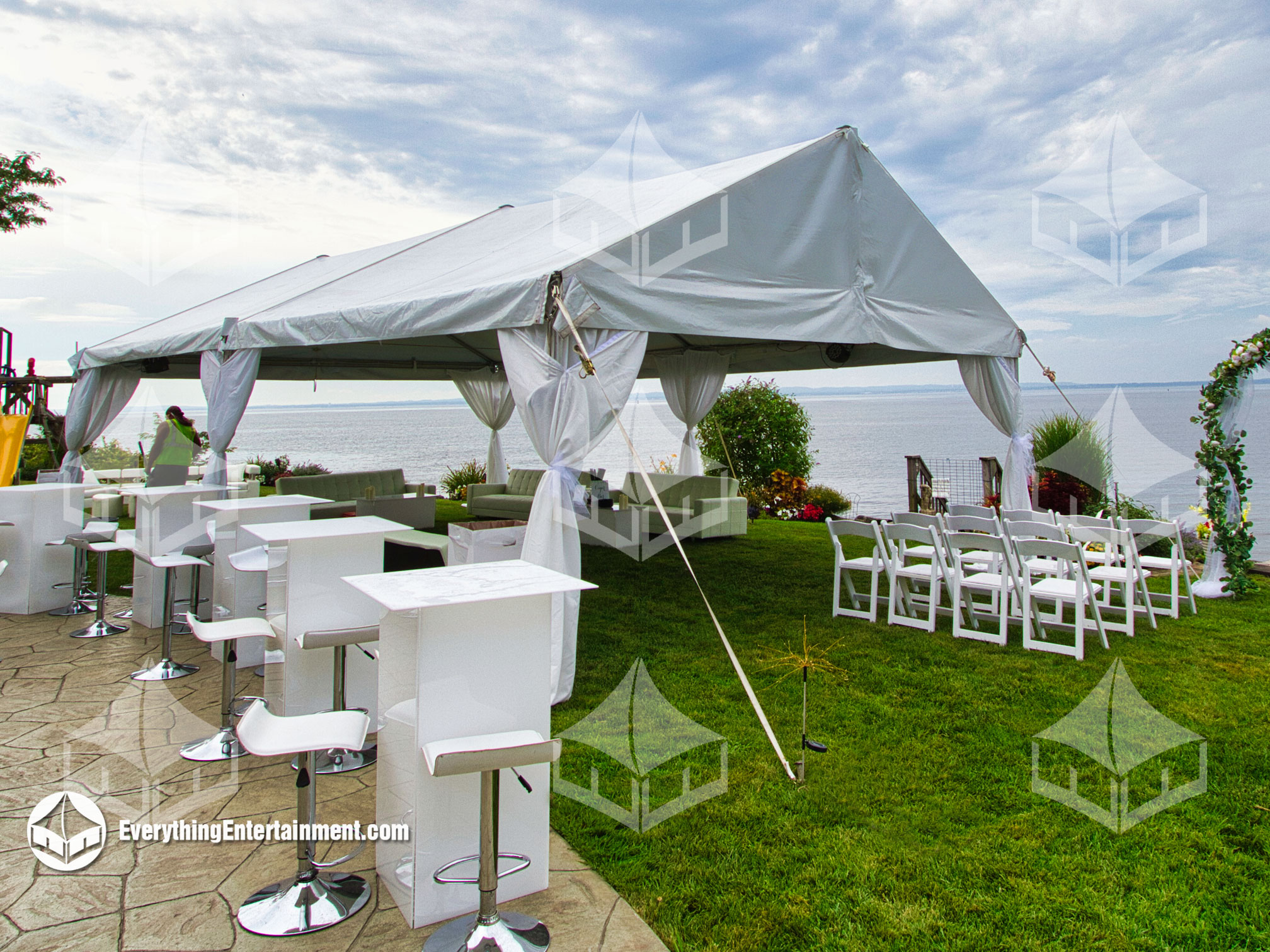 20x30-tent-on-water 20x30 foot frame tent with leg drapes, overlooking the ocean