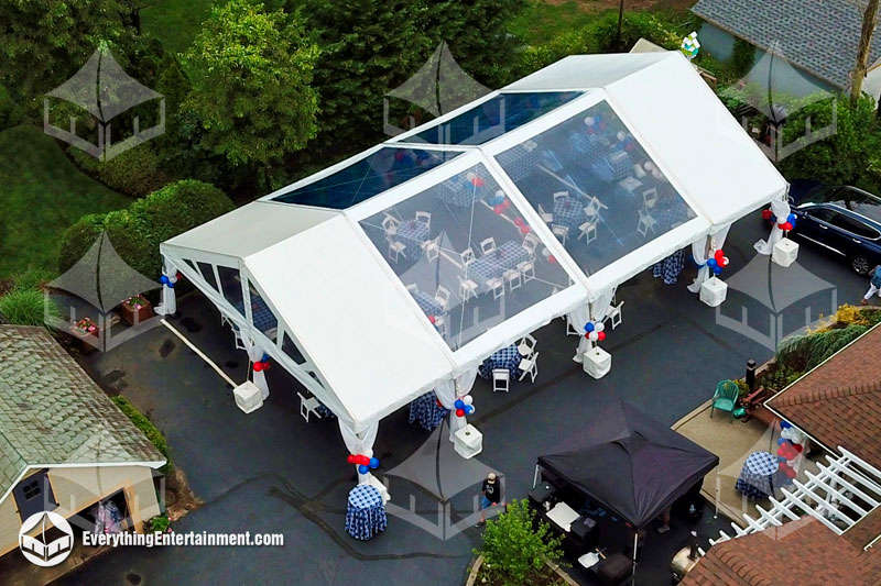 Aerial view of a tent setup in a parking lot Clear and Solid Frame Tent