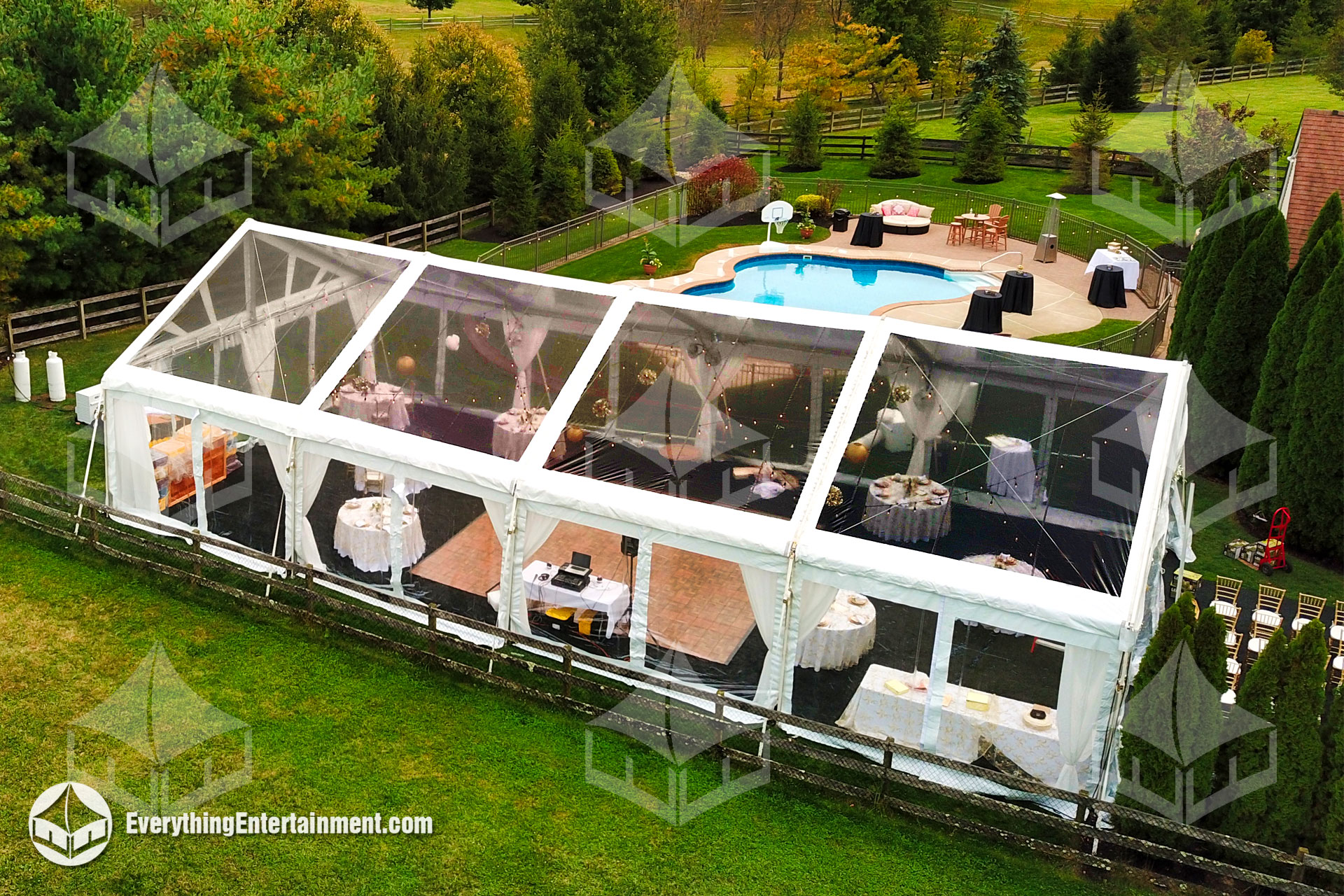 Clear Top Wedding Tent Aerial view of clear top wedding tent at a backyard party in New Jersey