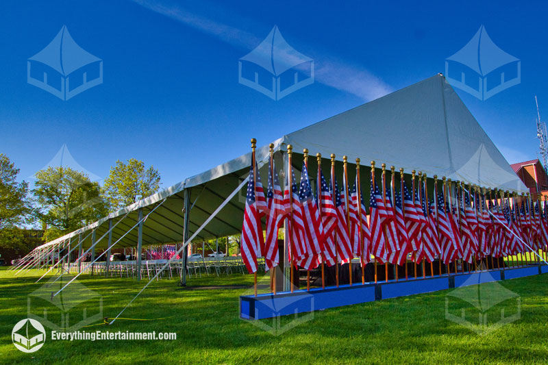40x200 Frame Tent 40x200 foot long frame tent on grass with American flags