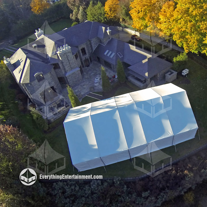 40x75 foot frame tent Aerial view of large tent in backyard.