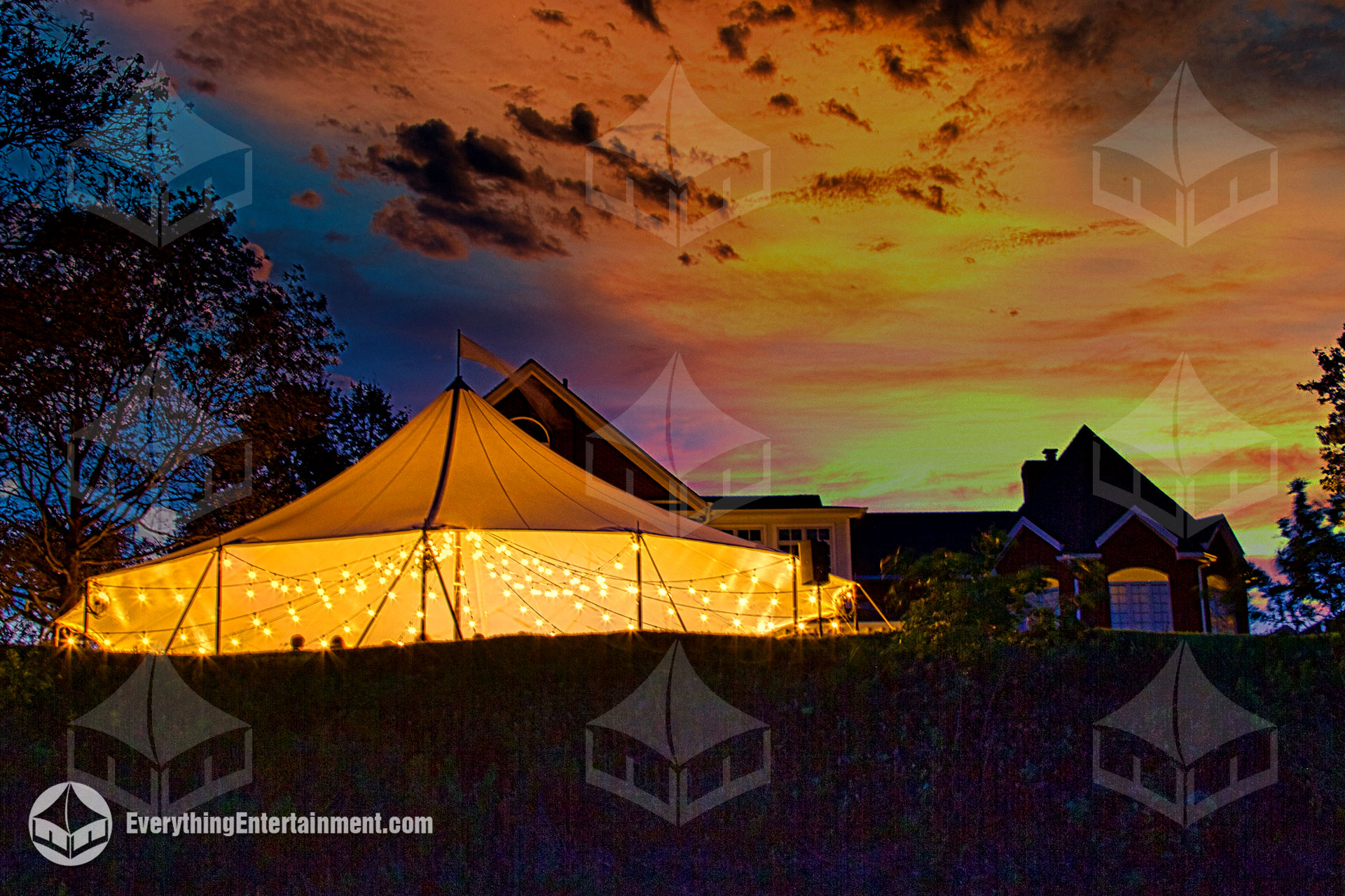 sail cloth tent in the evening sail cloth tent with bistro string lights setup in the evening sunset