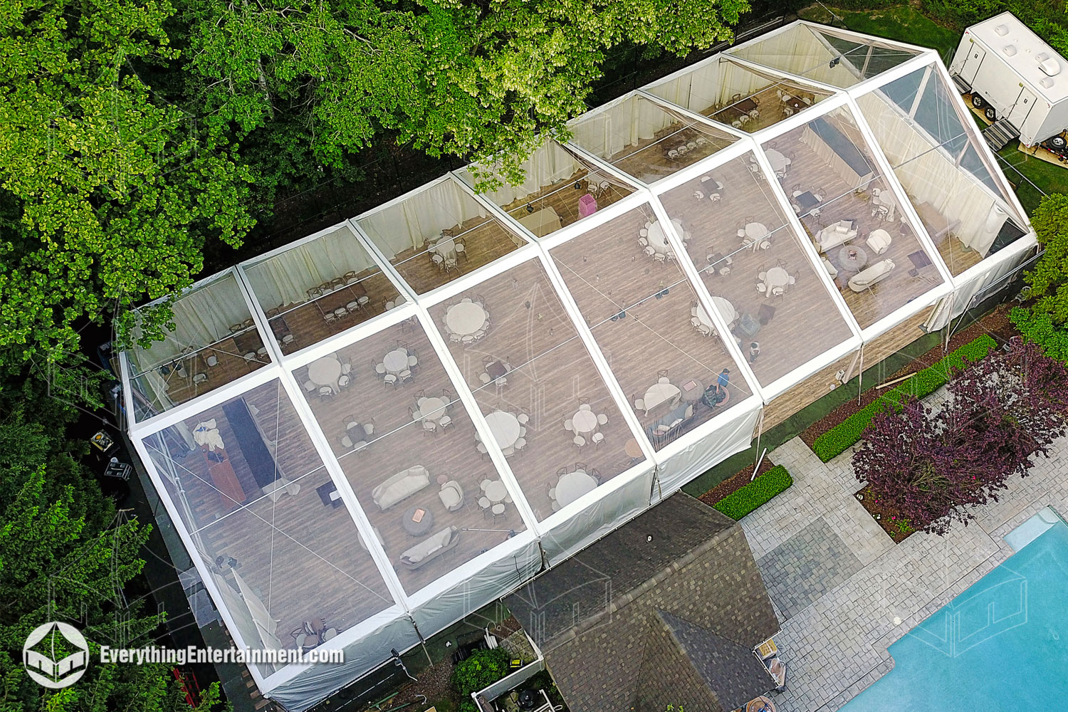 A 50x105 foot clear top wedding tent in Saddle River, NJ