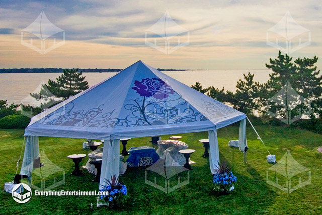 Octagon tent with printed top Octagon tent with custom printed top overlooking the long island bay.
