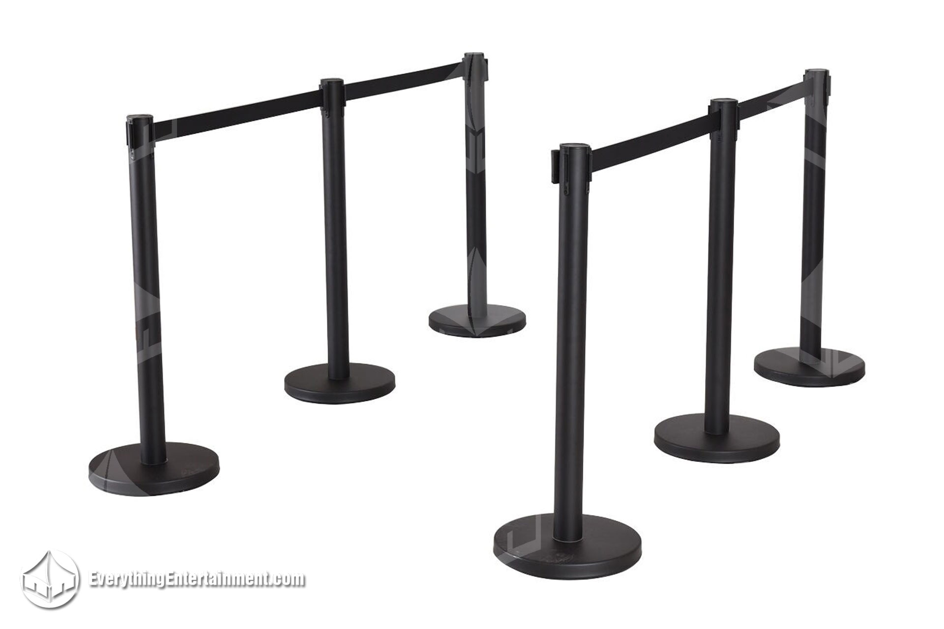 Black Stanchions Six black retractable belt stanchions on white background