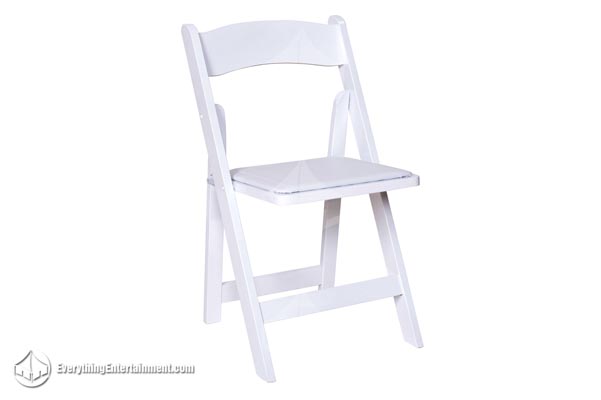 white-resin-padded-wedding-chair White resin folding chair with padded seat for wedding ceremony rentals on white background