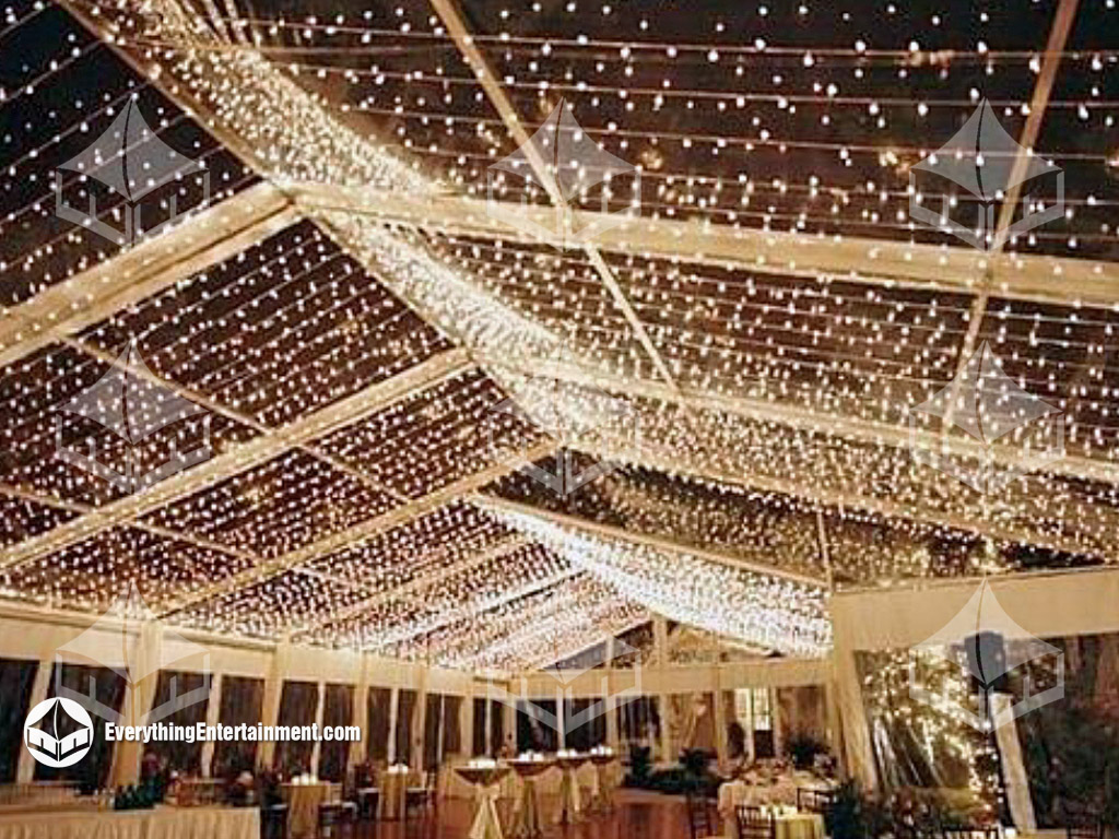 Twinkle Lights Clear Top Tent Twinkle Lights in large clear top tent at night.