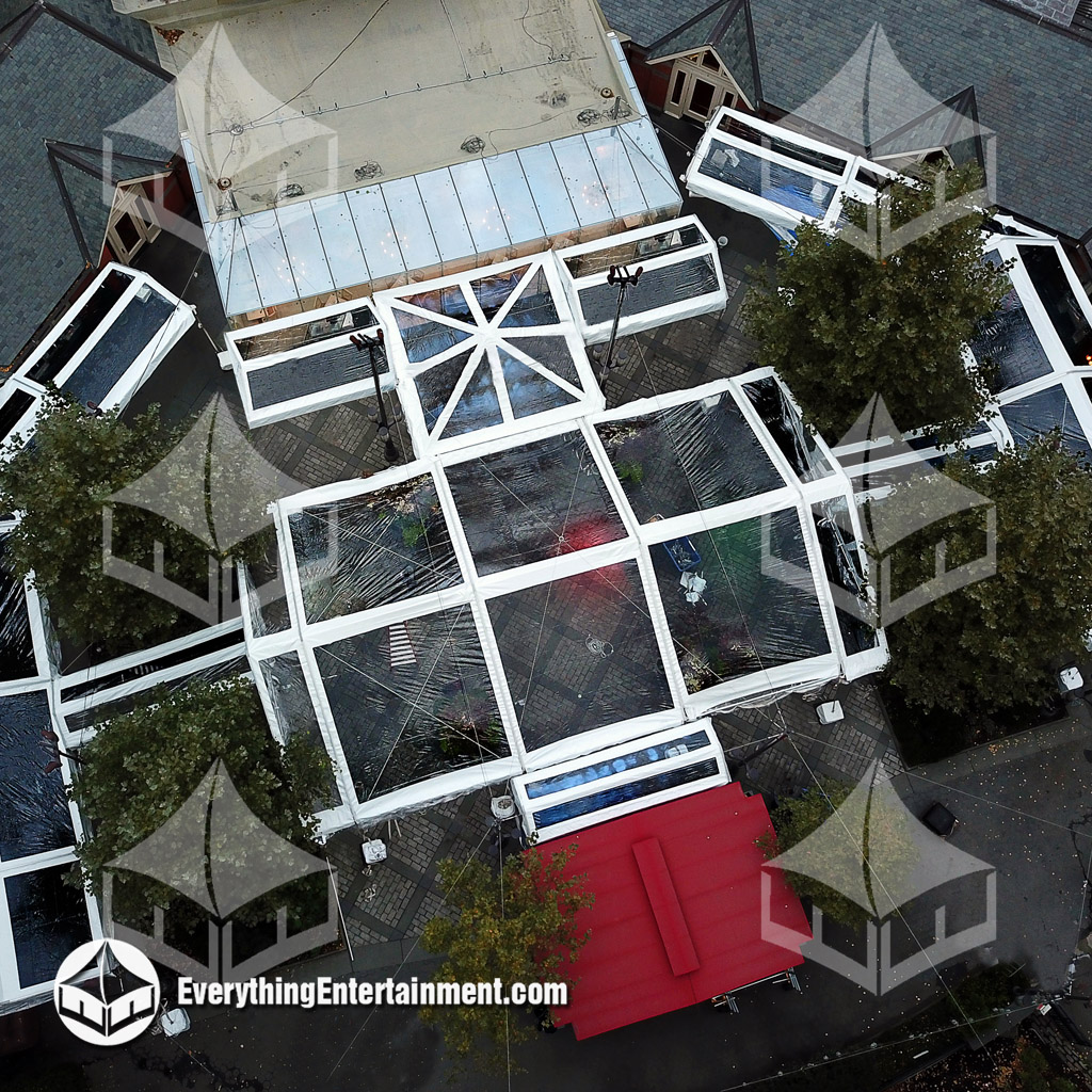 clear top tents tavern Aerial view of multiple clear top tents at Tavern on the Green for a corporate event.