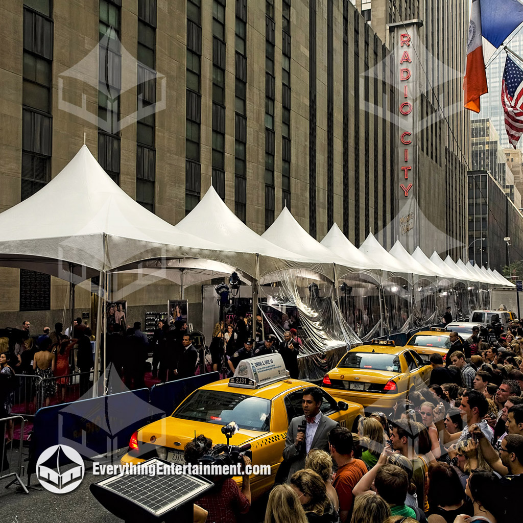movie premiere tenting high peak tents setup at Radio City Music Hall in NYC for a Red Carpet Movie Premiere.