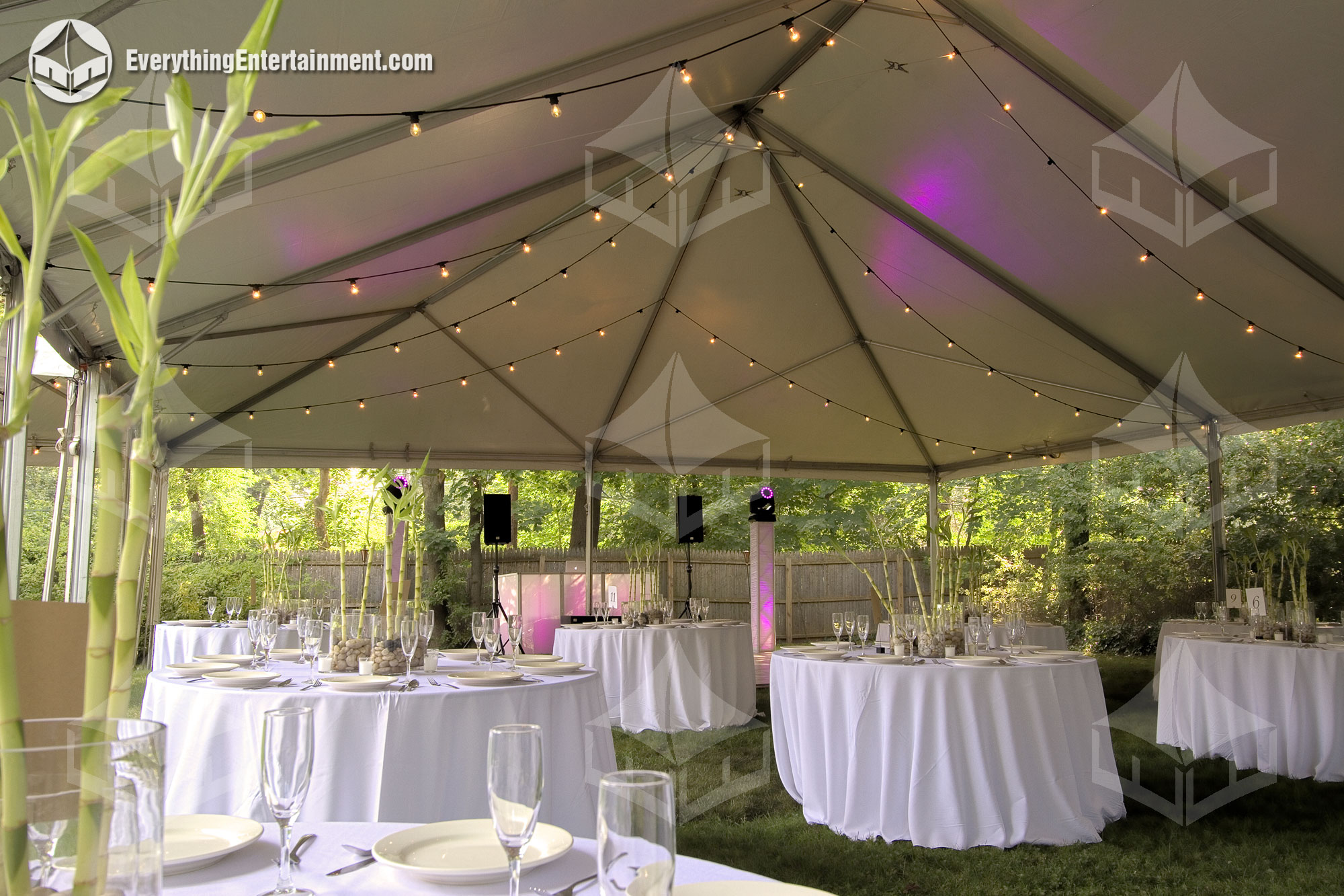 wedding frame tent Interior of a frame tent with tables, chairs, and string lights