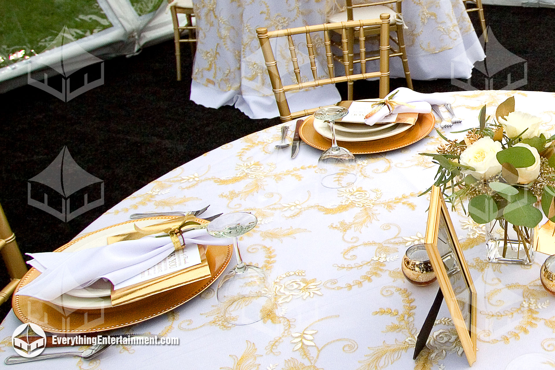 Table linen rental white table linen with gold patterned overlay